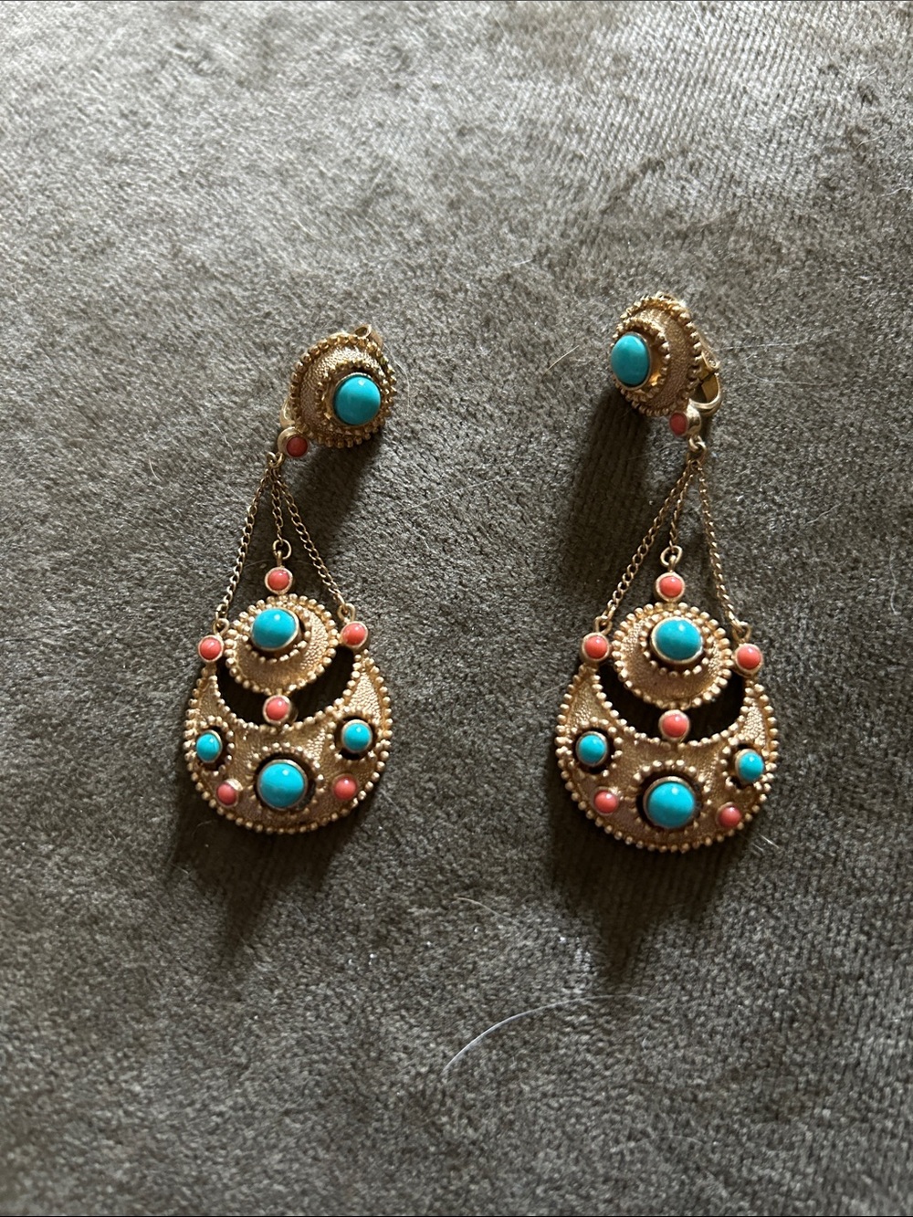 Trifari Gold-Tone Turquoise and Coral Drop Earrings